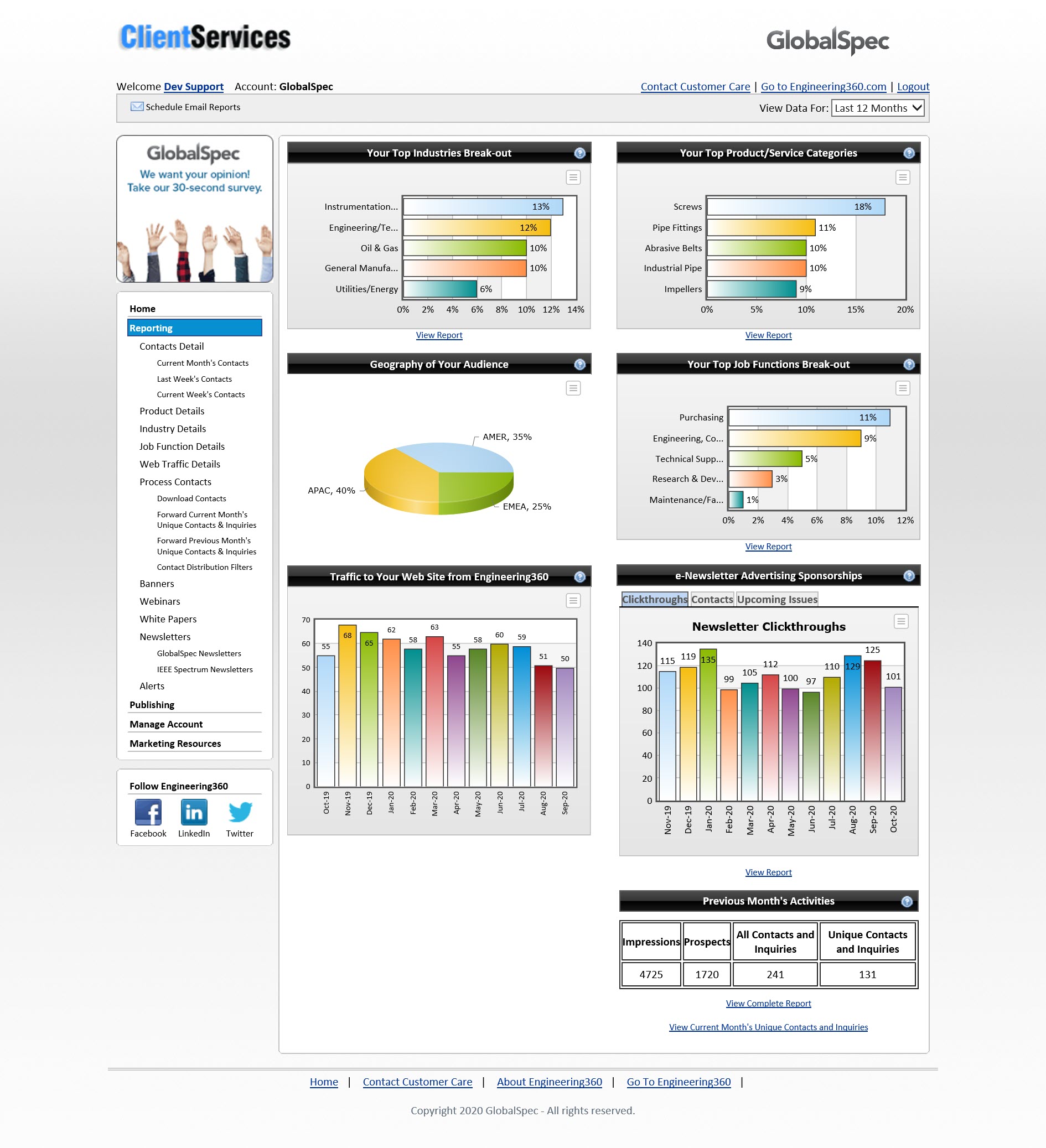 GlobalSpec Client Services dashboard login header